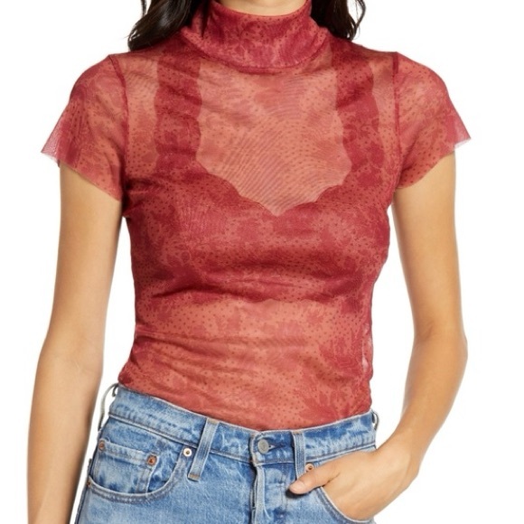 Free People Tops - FREE PEOPLE MESH FLORAL RED/ORANGE BABY TEE! (New with tag!)